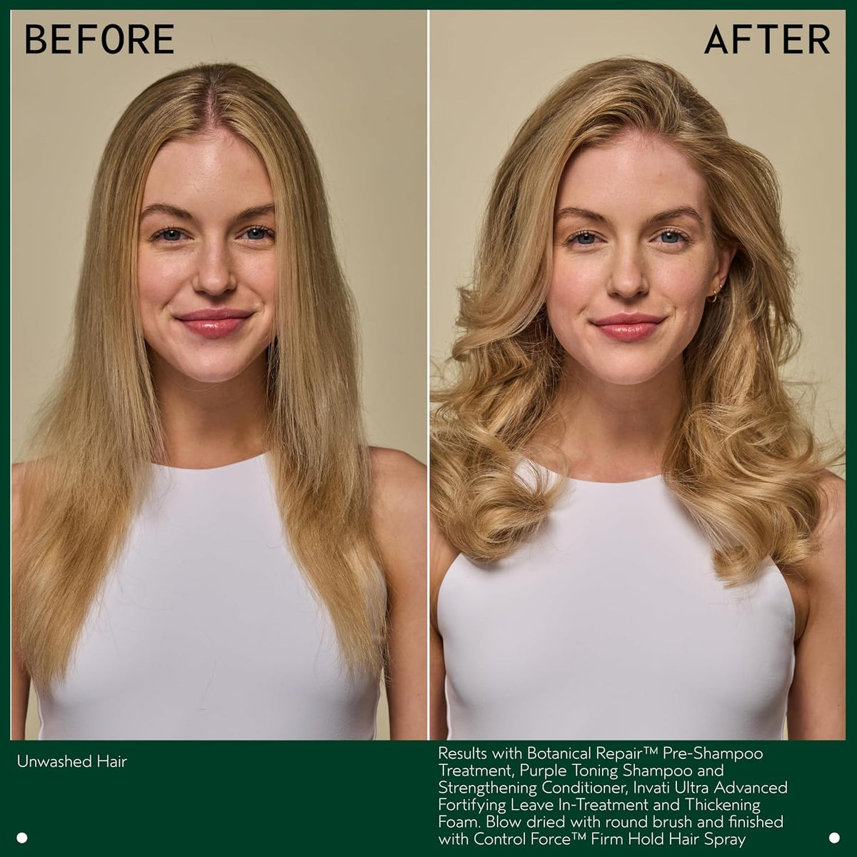 Aveda before and after blonde tress showing reduced brassiness benefit