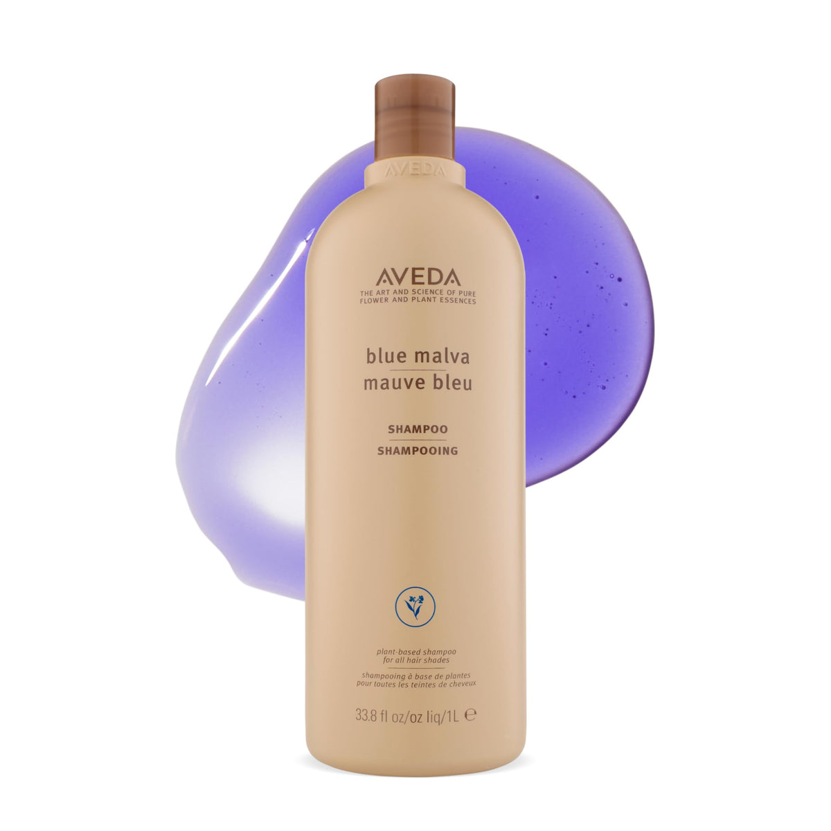 Aveda Blue Malva front bottle view showing sleek salon packaging and clarity