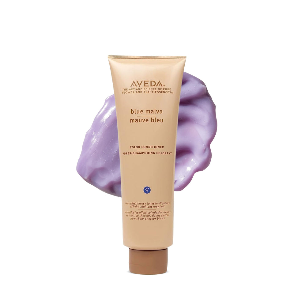 Aveda Blue Malva front packaging showing bottle and label benefit brightens tones