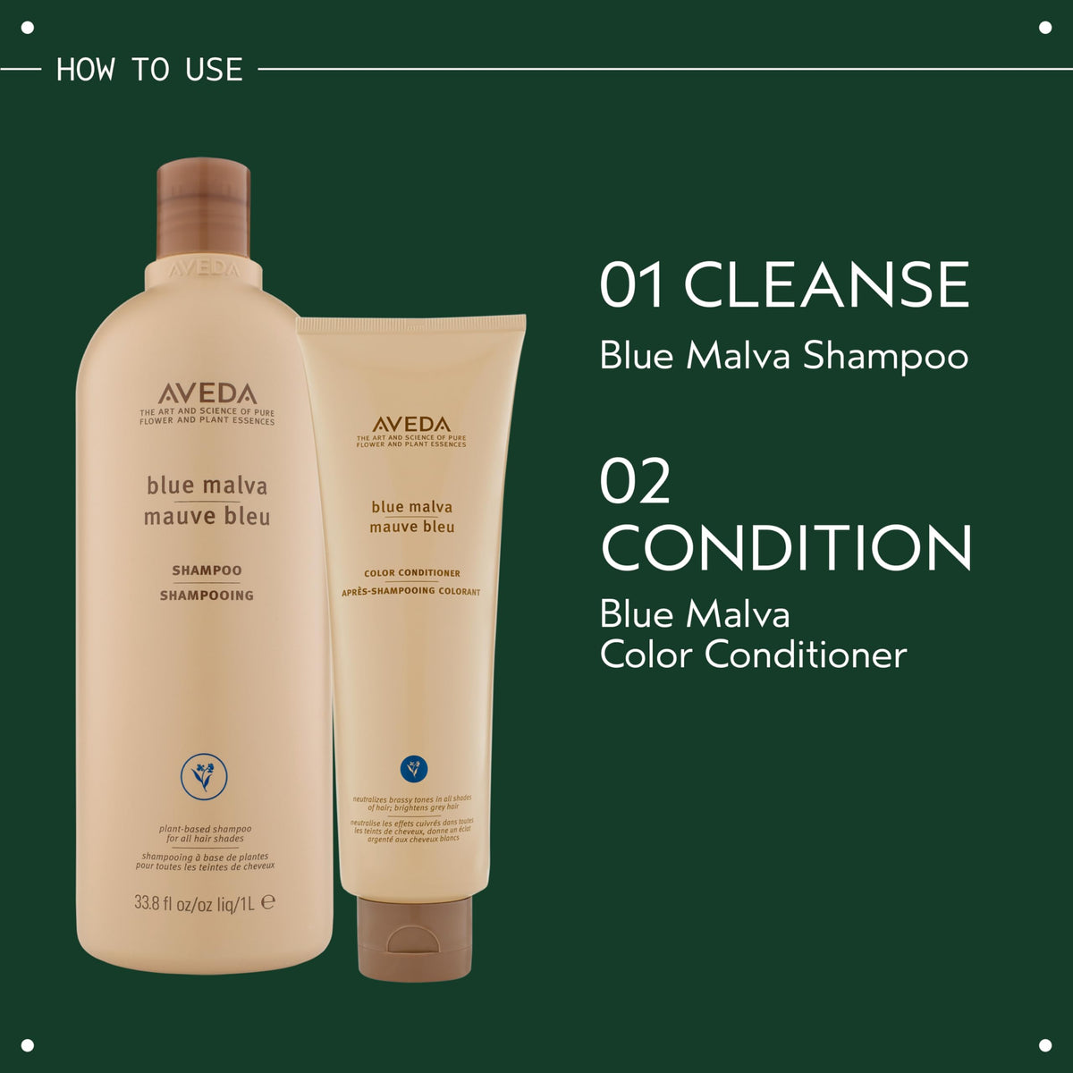 Aveda Blue Malva label close-up highlighting blue malva and coneflower ingredients