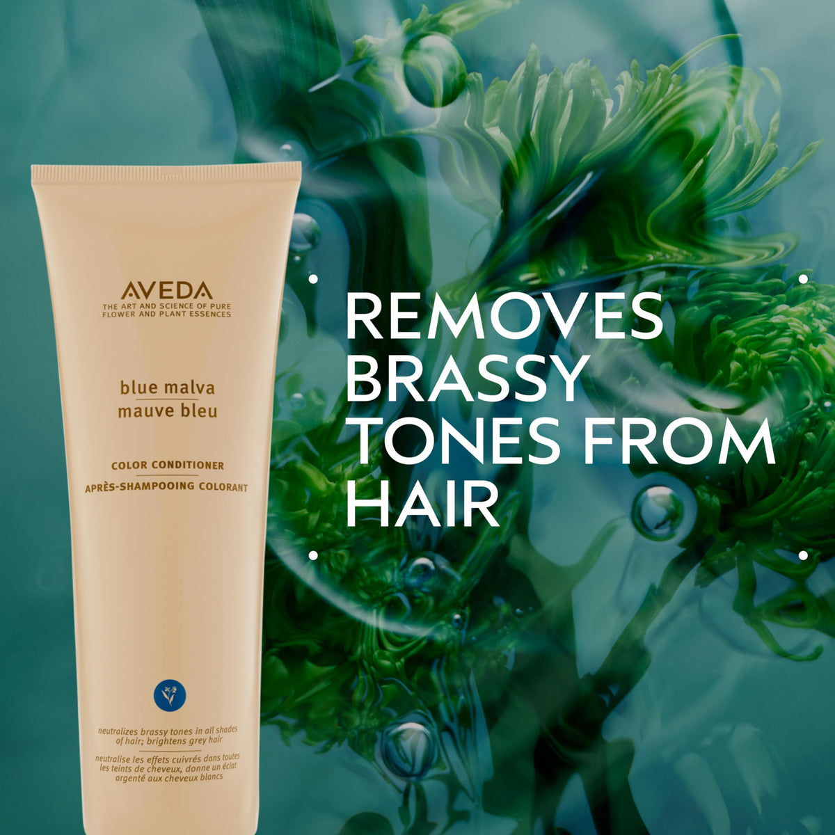 Aveda Blue Malva conditioner texture pouring from bottle shows creamy pigment and conditioning