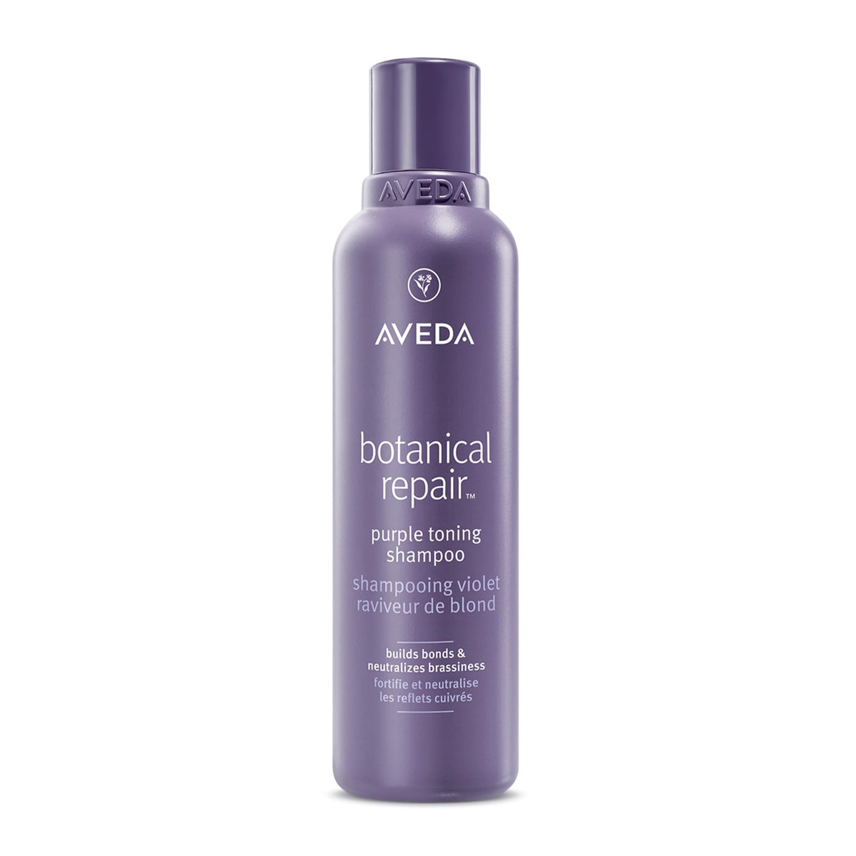 Aveda front bottle showing purple toning shampoo and benefits
