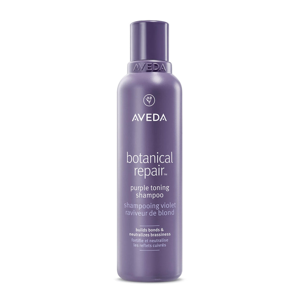 Aveda front bottle showing purple toning shampoo and benefits