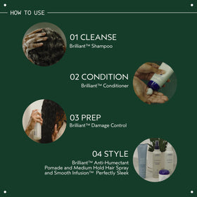 Aveda Brilliant displayed on styling shelf suggesting salon-ready finish and convenience