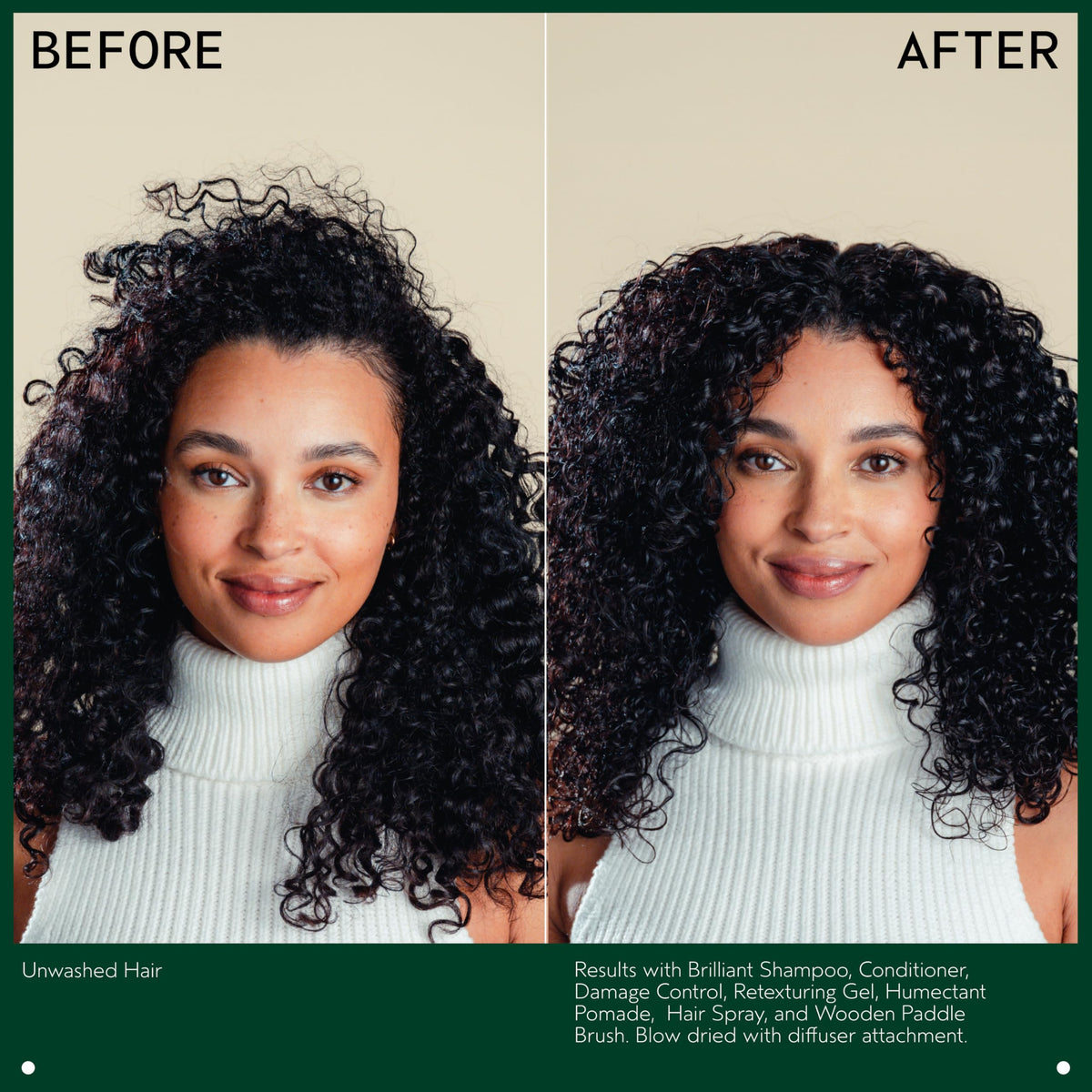 Aveda Brilliant being sprayed on styled hair demonstrating anti-humidity hold and shine