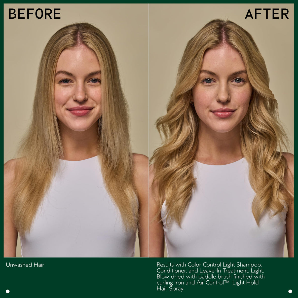Detailed view of Aveda label and ingredient callouts, shows naturally derived formulation benefits