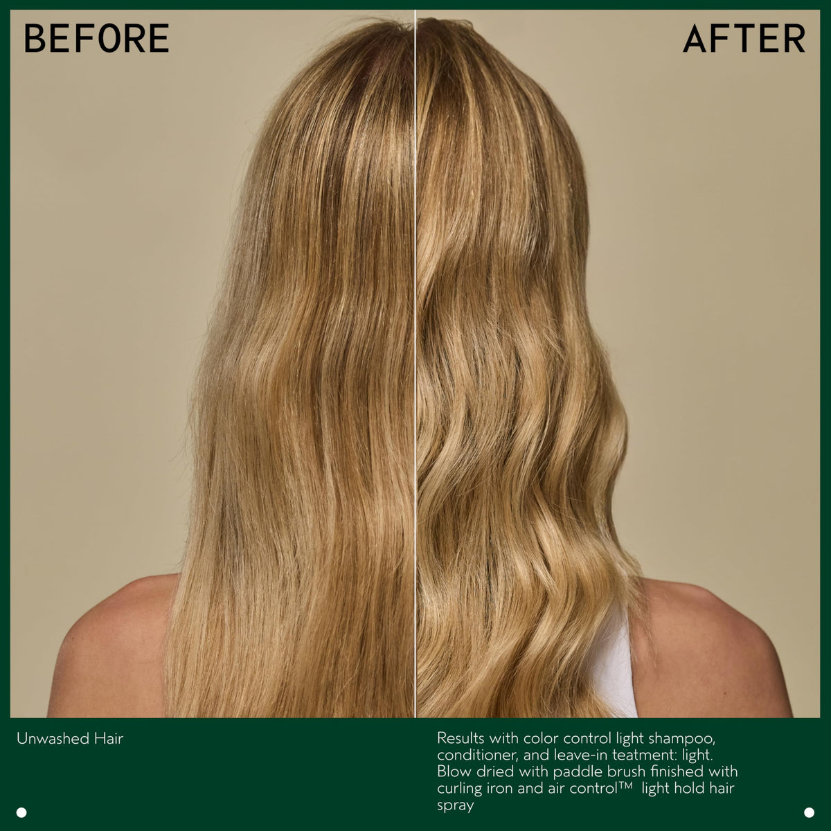 Aveda Color Control Light shampoo before and after on fine hair showing improved shine