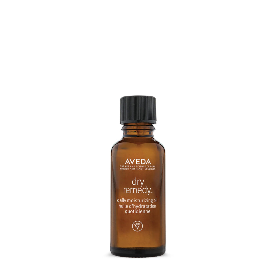 Aveda Dry Remedy front packaging showing bottle and label, highlights natural ingredients