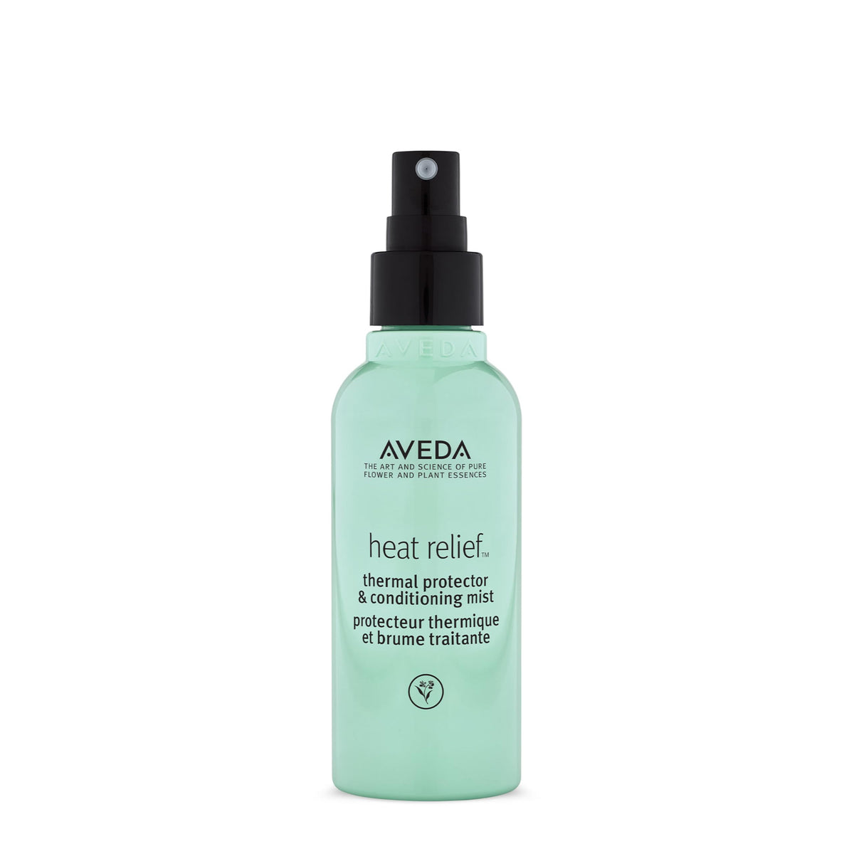 Aveda heat relief front packaging showing bottle and label, clear product identification and benefit