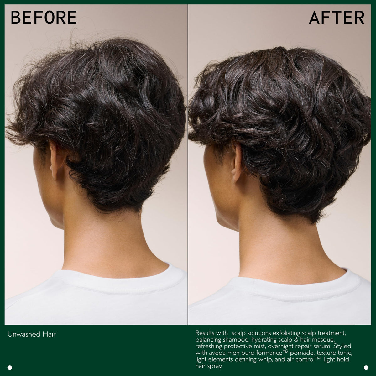 Aveda before and after short hair showing defined texture benefit