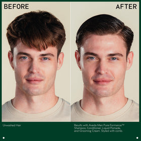 Aveda styled hair before and after illustrating control and shine