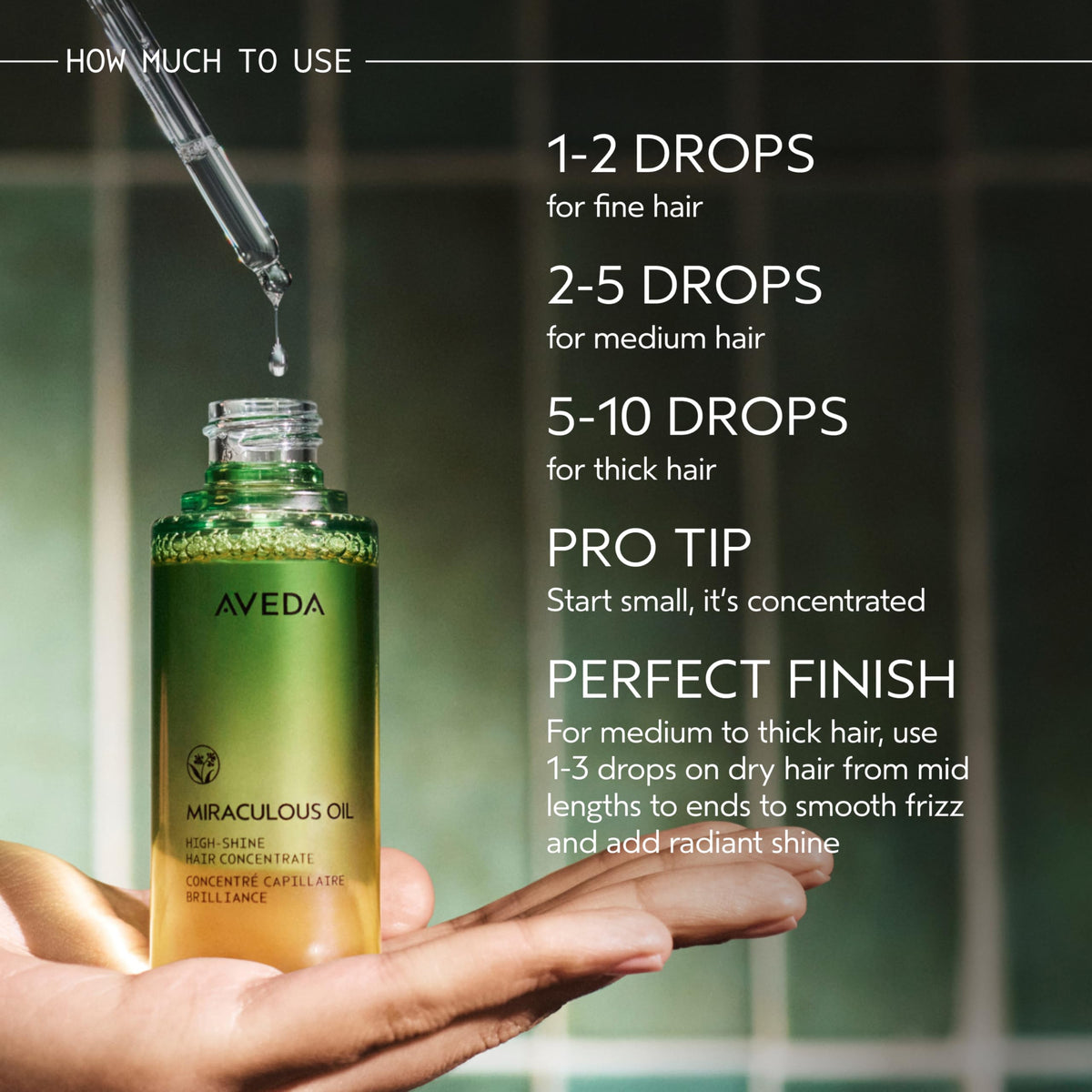Aveda Miraculous Oil being dispensed into palm for measured use and effortless distribution