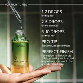 Aveda Miraculous Oil being dispensed into palm for measured use and effortless distribution