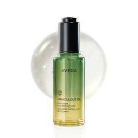 Aveda Miraculous Oil front bottle showing product branding and sleek design for easy identification
