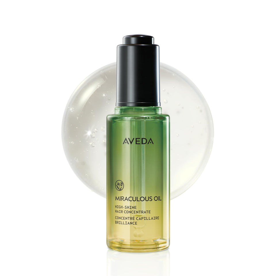 Aveda Miraculous Oil front bottle showing product branding and sleek design for easy identification