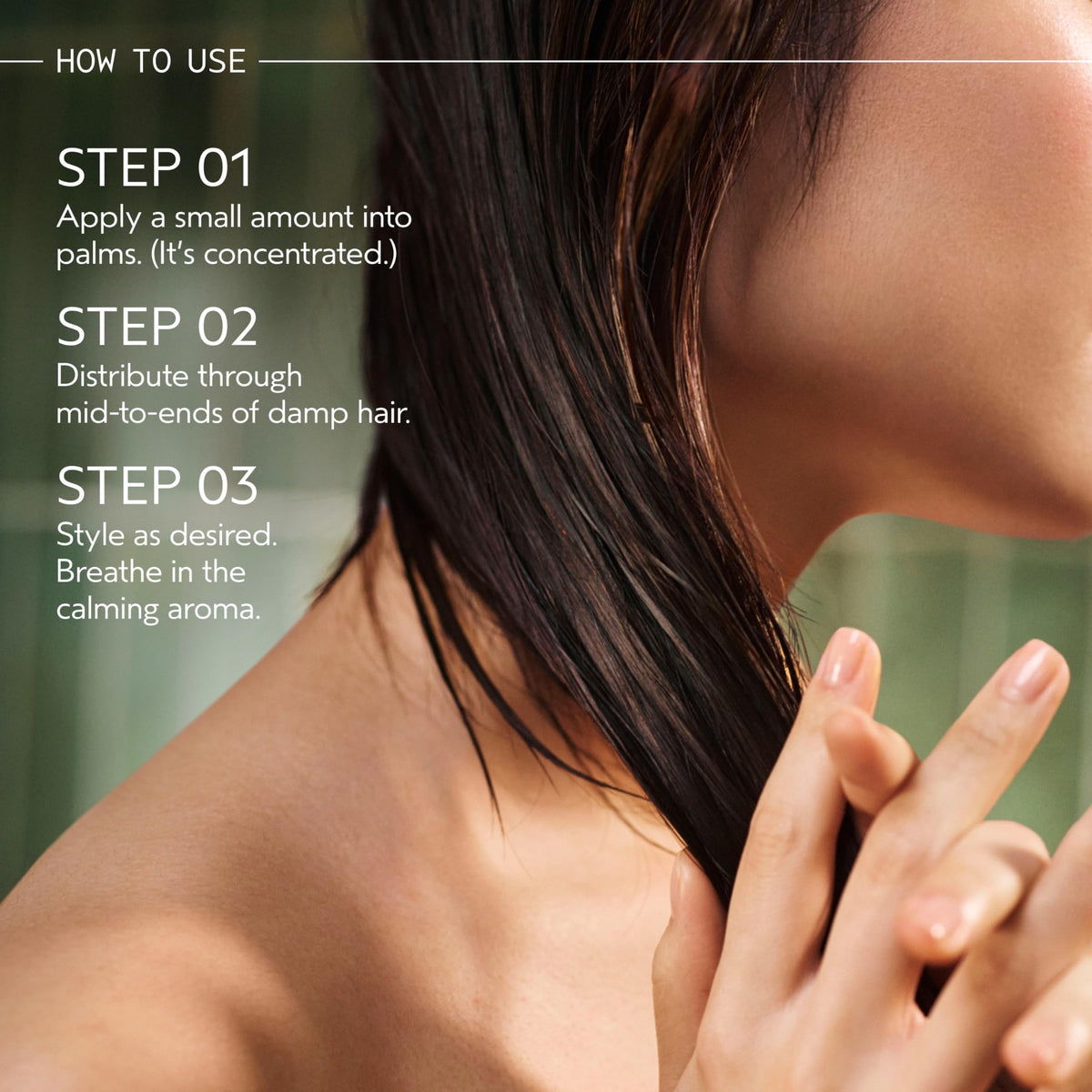 Aveda Miraculous Oil applied to hair ends delivering visible shine and smoother strands