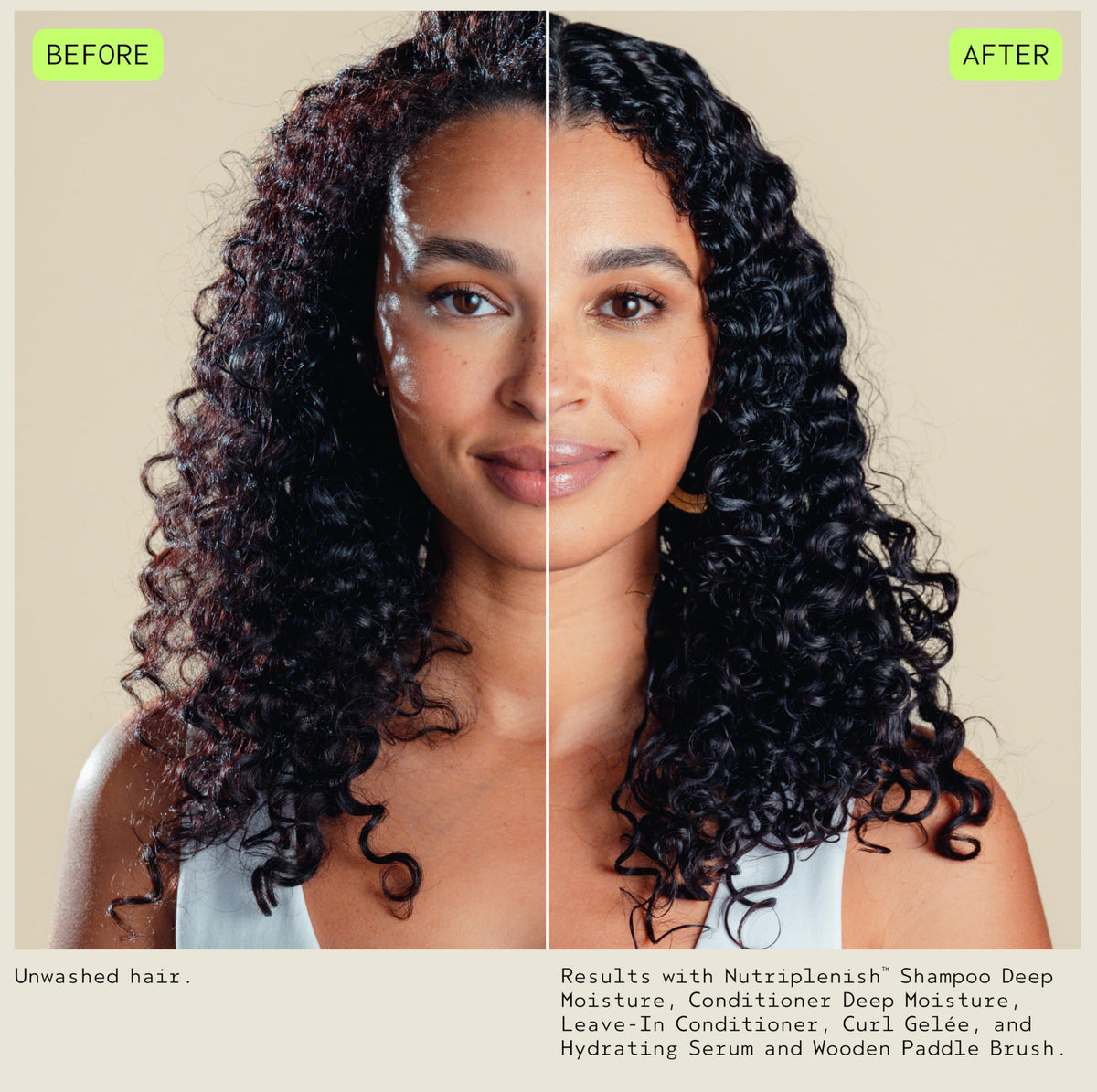 Aveda Nutriplenish Curl Gelée applied to wet curls demonstrating definition and reduced frizz