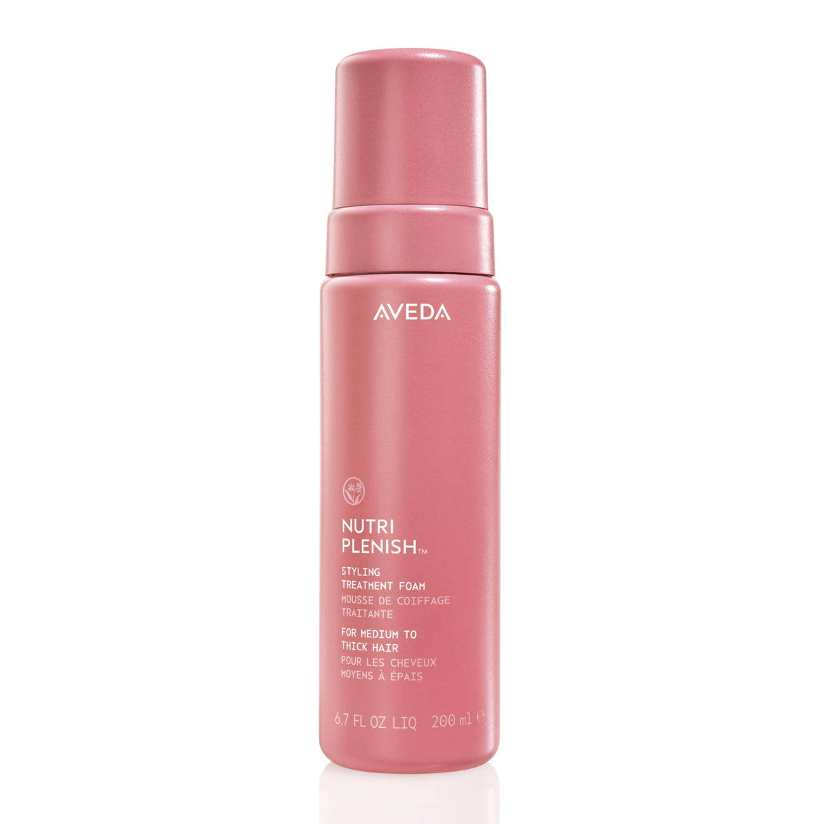 Aveda front packaging showing Nutriplenish foam and branding benefits