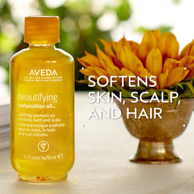 Aveda oil texture close-up displaying lightweight sheen and smooth glide for skin