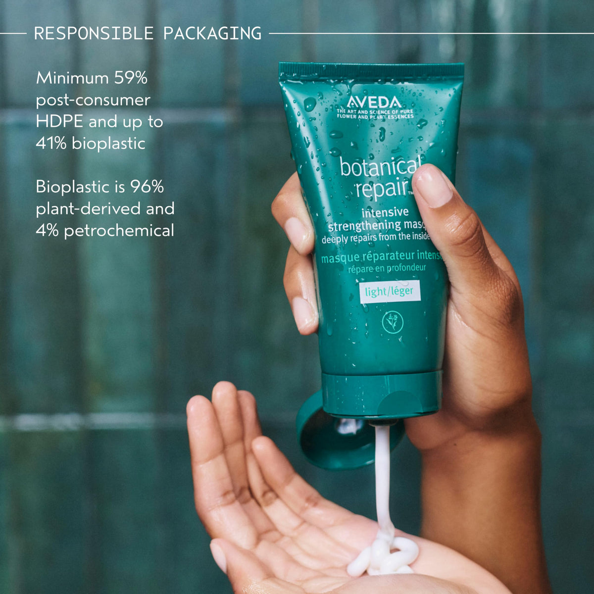 Close-up of Aveda packaging label emphasizing natural ingredients benefit