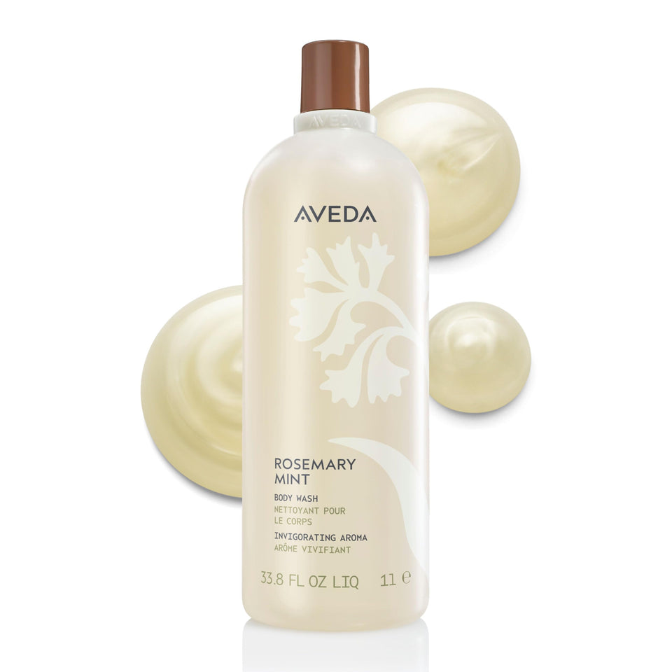 Aveda bottle front packaging showing rosemary mint scent and size benefit