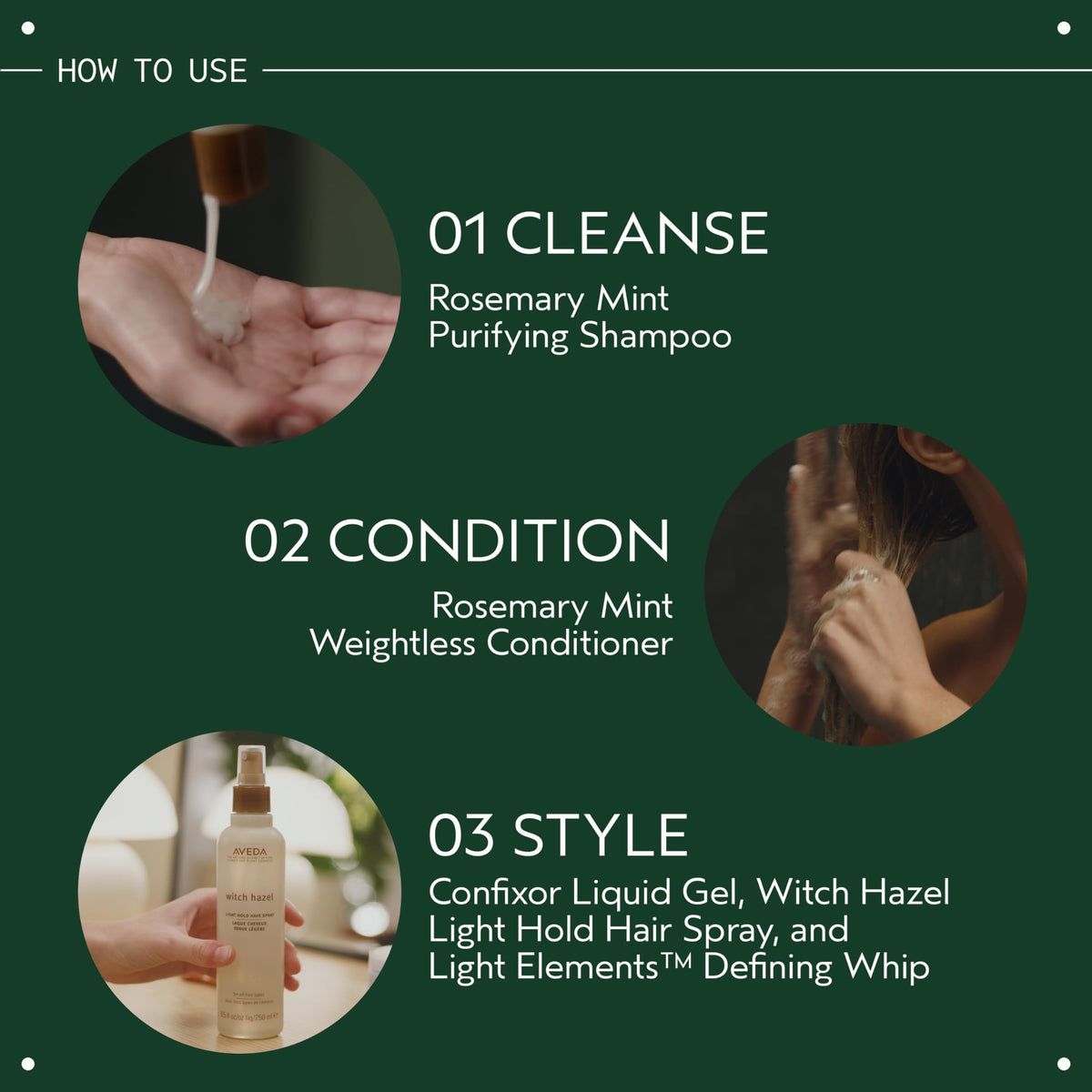 Aveda bottle in shower being applied to hair for refresh and buildup removal