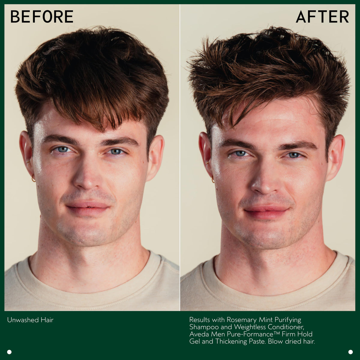 Fresh rosemary and mint sprigs beside Aveda bottle, natural-derived formula