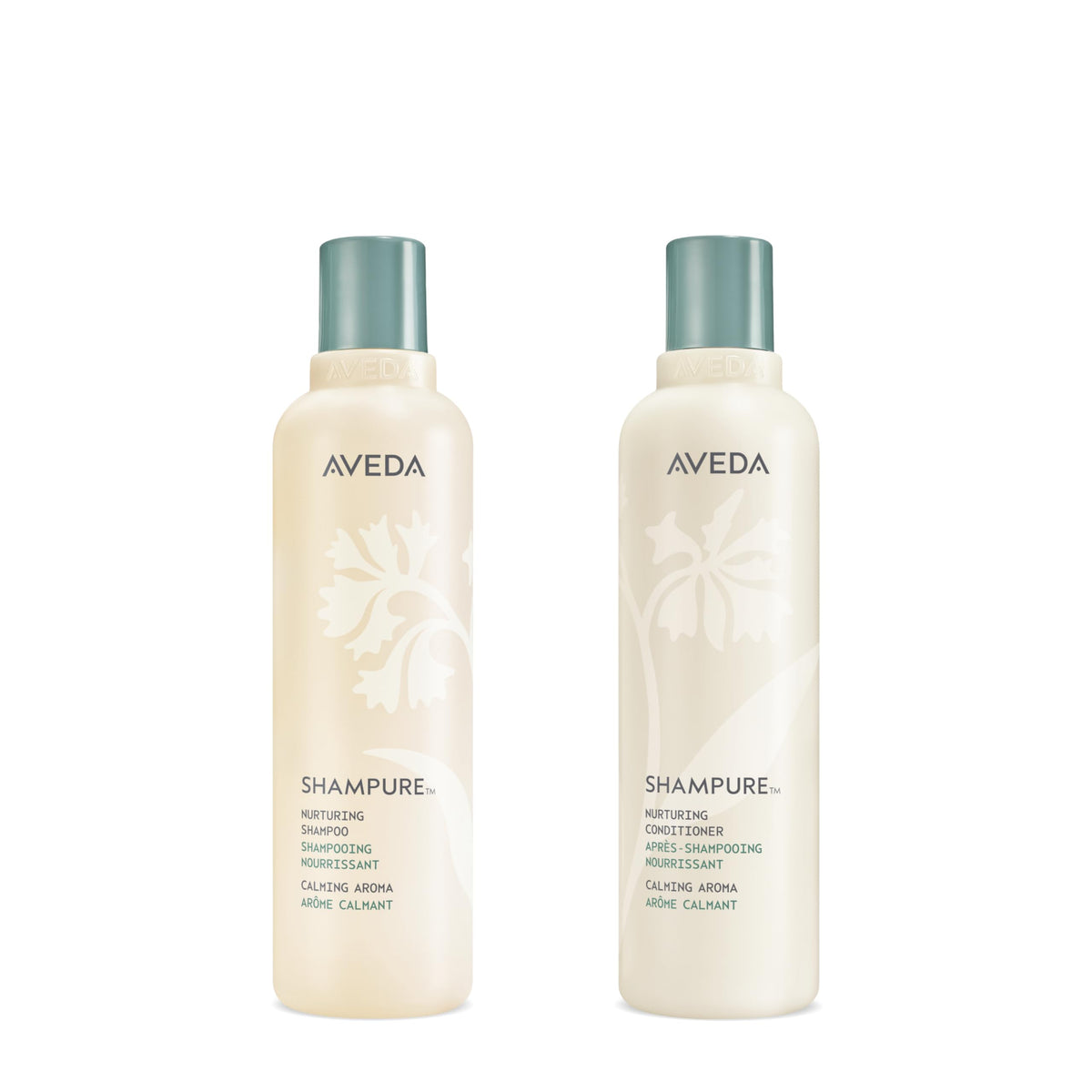 Aveda Shampure duo front packaging showing both bottles and calming scent benefit