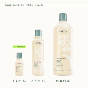 Aveda Shampure bottle on shower shelf illustrating in-shower use and calming aroma
