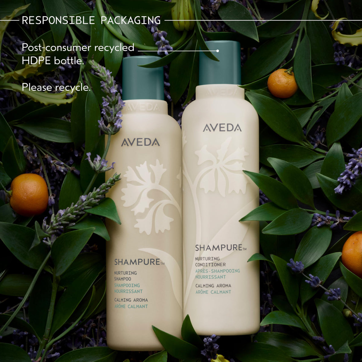 Aveda Shampure on bathroom shelf with other products showing routine pairing benefits