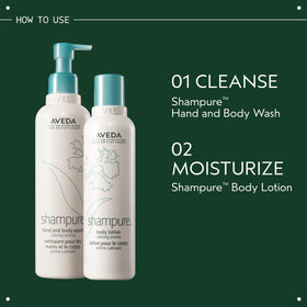 Aveda Shampure bottle next to hand to show 6.7 fl oz scale