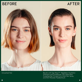 Aveda-styled slick-back on model illustrating firm hold and enhanced shine for sculpted looks