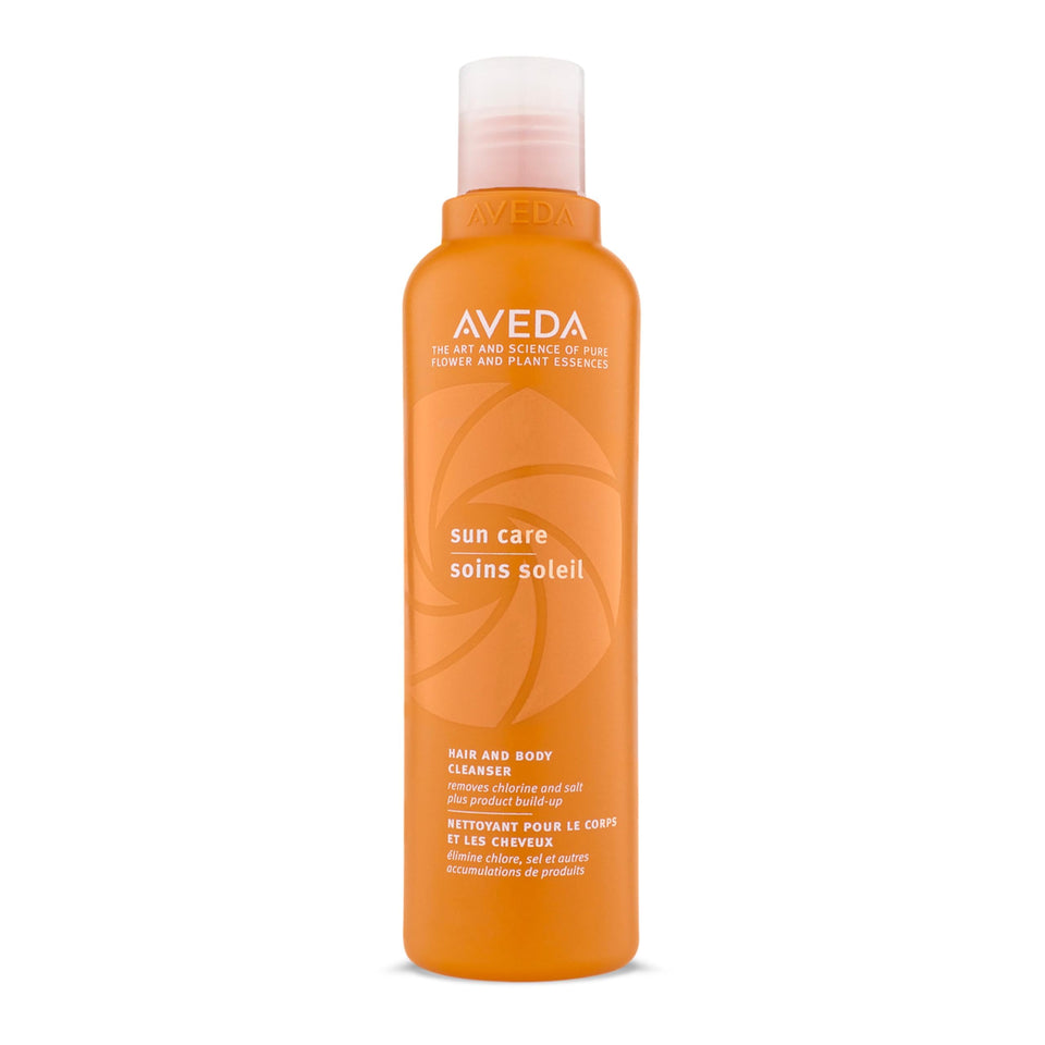 Aveda Sun Care front packaging showing bottle and label, clear benefit: gentle cleansing