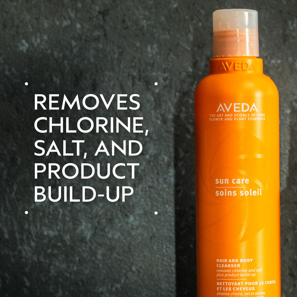 Aveda Sun Care pump and label detail highlighting ingredients and color-safe benefit