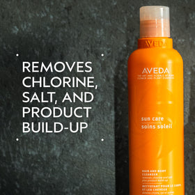 Aveda Sun Care pump and label detail highlighting ingredients and color-safe benefit