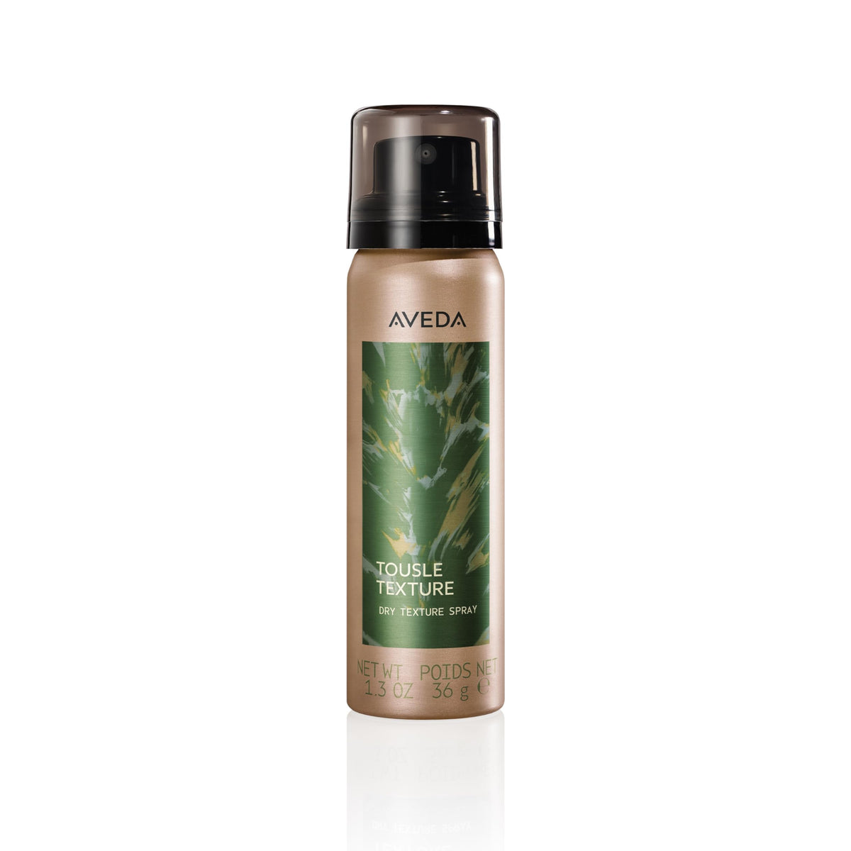 Aveda Tousle Texture front packaging showing travel-size can and label benefit