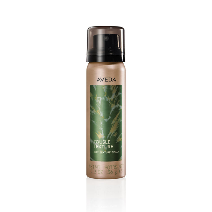 Aveda Tousle Texture front packaging showing travel-size can and label benefit