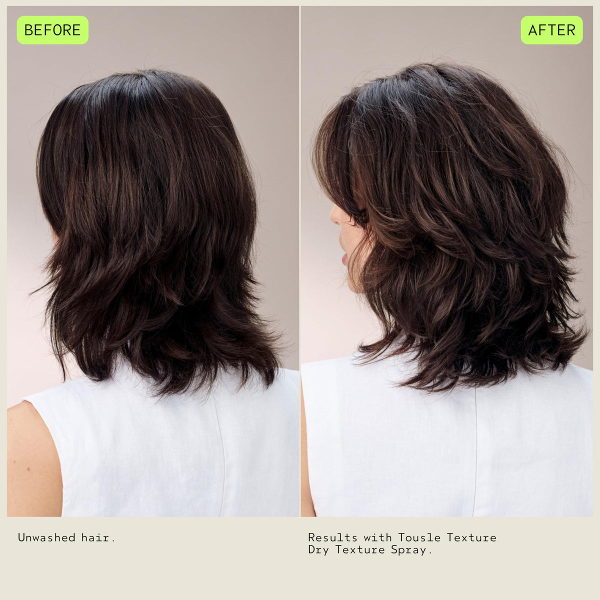 Aveda Tousle Texture before and after on medium hair showing added lift