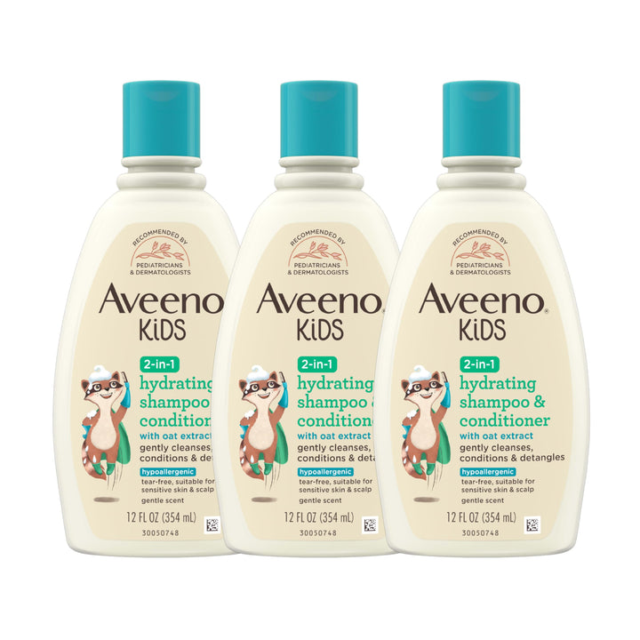 Aveeno Baby front packaging showing three 12 fl oz bottles and brand clarity