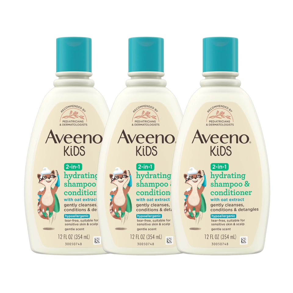 Aveeno Baby front packaging showing three 12 fl oz bottles and brand clarity