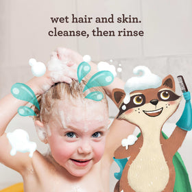 Aveeno Baby pour showing creamy lather texture for gentle cleansing and easy rinse