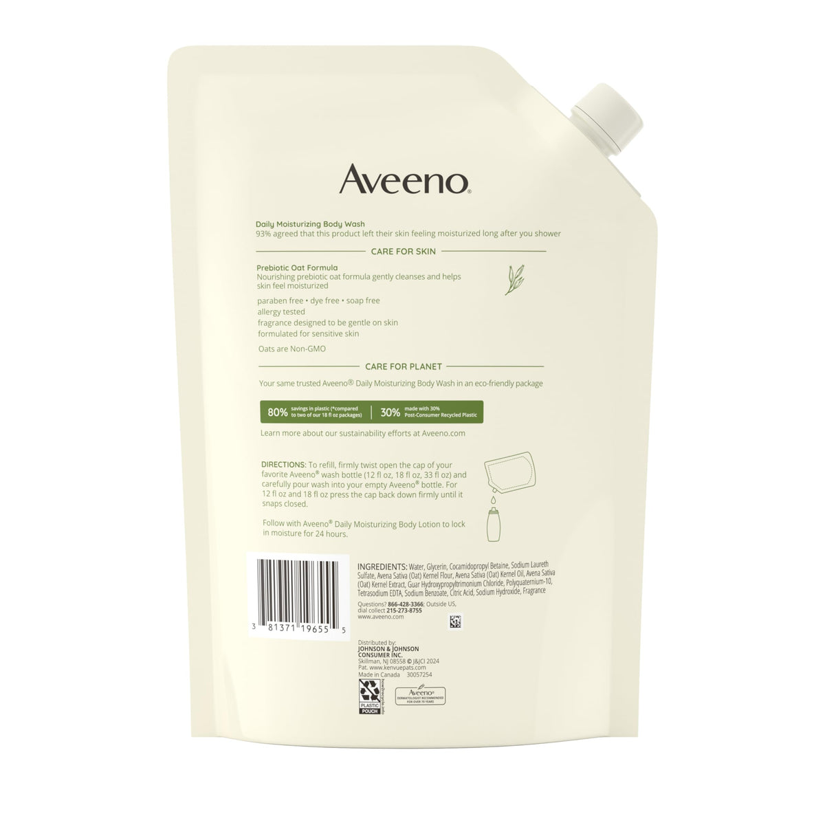Aveeno pouch in bathroom setting, conveys daily routine moisturizing benefit