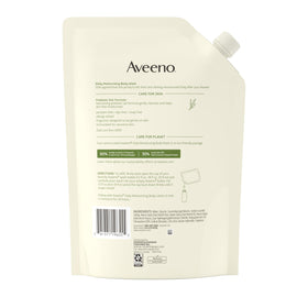 Aveeno pouch in bathroom setting, conveys daily routine moisturizing benefit