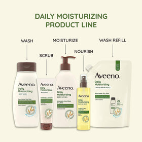Aveeno bottles staged in bathroom to show easy pump dispensing and routine use