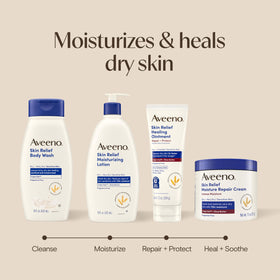 Aveeno on bathroom shelf next to skincare for daily whole-body use