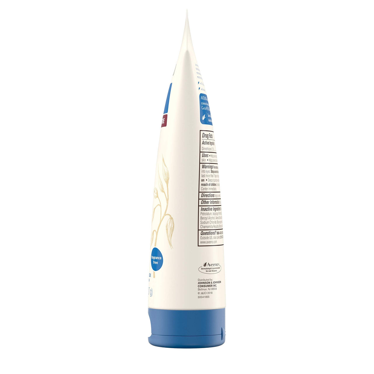 Aveeno tube on bedroom nightstand at night, benefit: demonstrates nighttime routine use