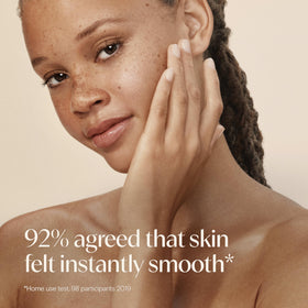 Side-by-side skin texture before and after using Aveeno for visible smoothing