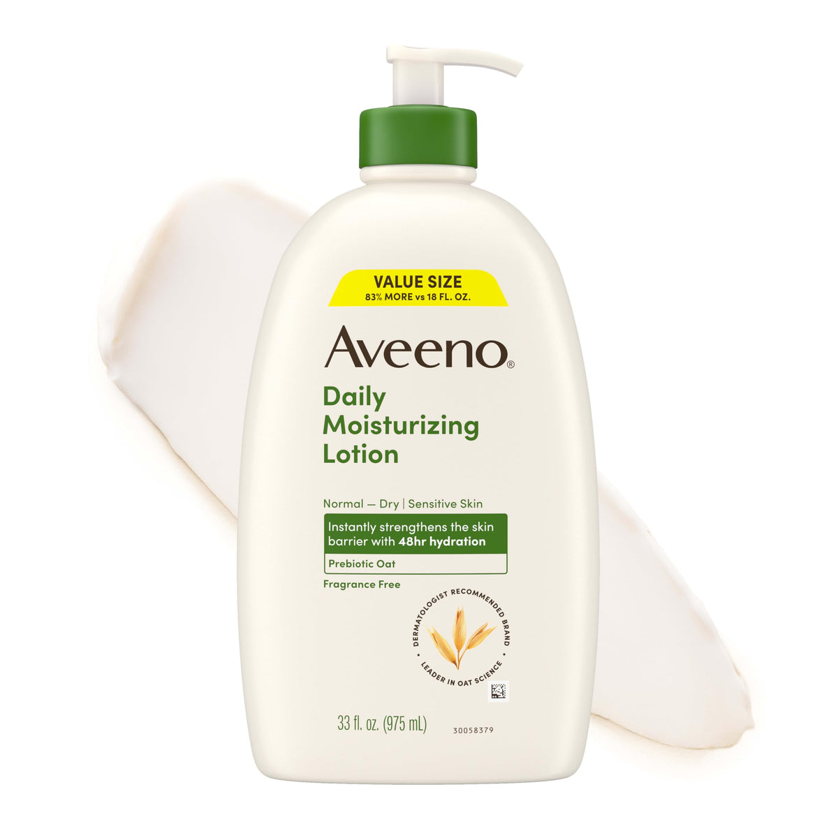 Aveeno bottle front 33oz showing brand and size, clear hydration benefit