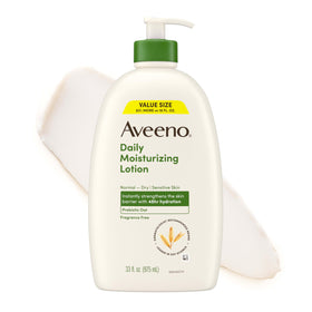 Aveeno bottle front 33oz showing brand and size, clear hydration benefit