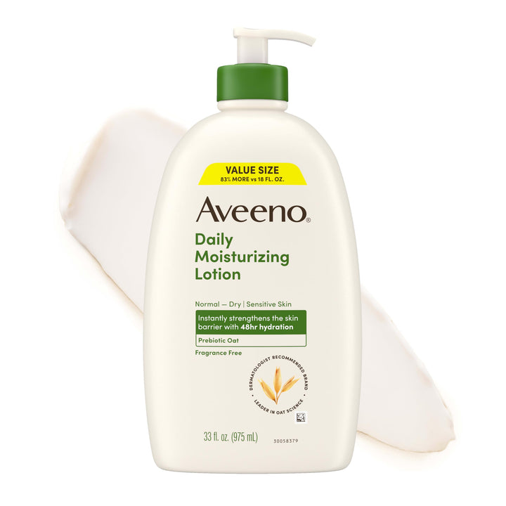 Aveeno bottle front 33oz showing brand and size, clear hydration benefit